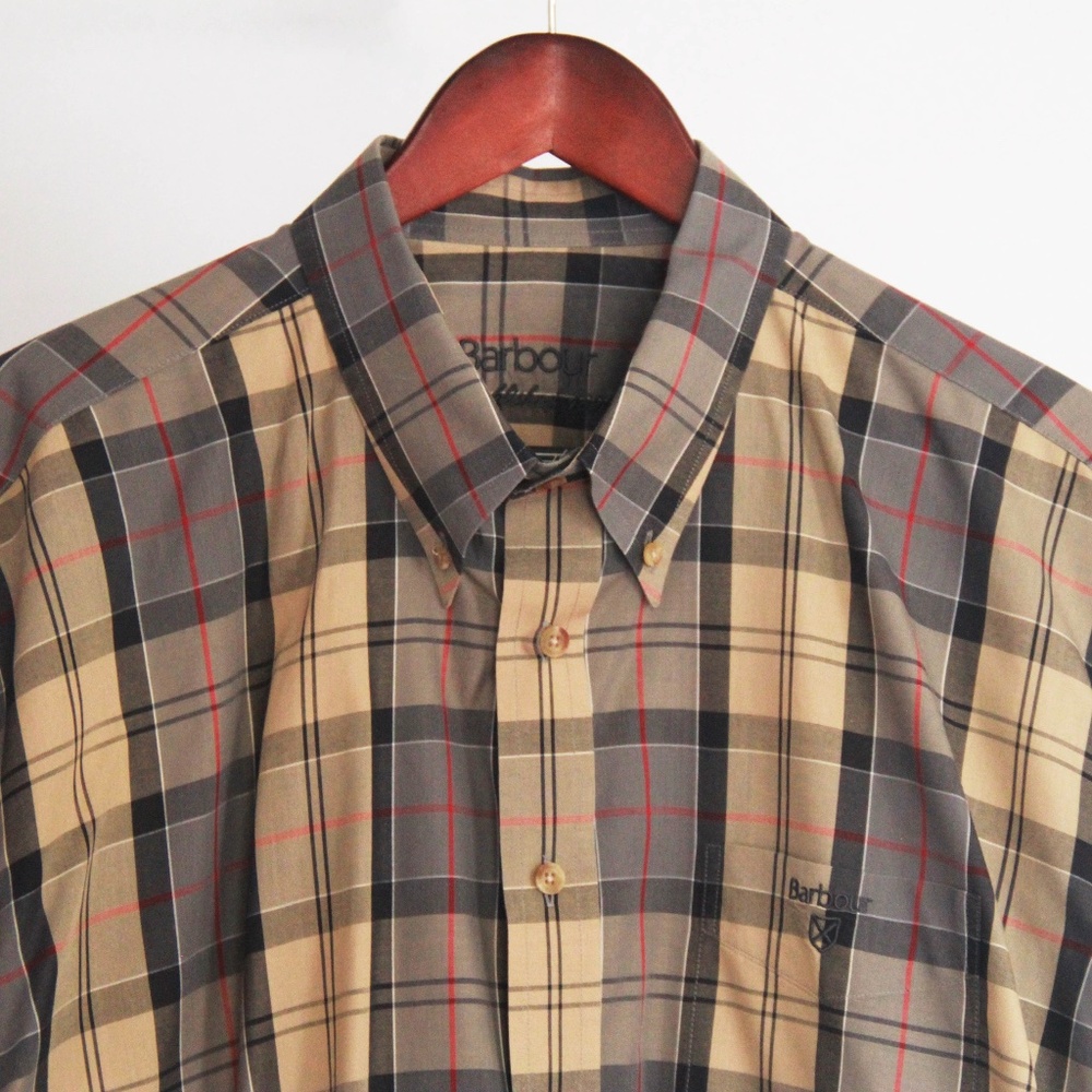 Barbour Men's Tan, Gray and Red-Striped Plaid Long-Sleeve Button Down Shirt